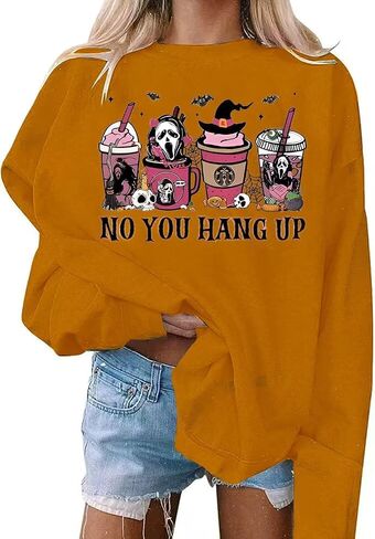 VKEGNIO Halloween Sweatshirt Women Horror Movie Pumpkin Coffee Graphic Sweatshirts Halloween Shirts Fall Crewneck Sweatshirt in Saudi Arabia