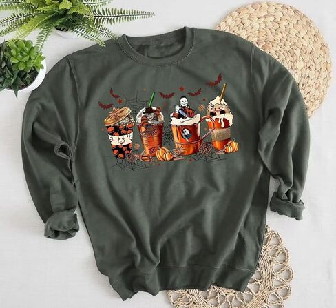 VKEGNIO Halloween Sweatshirt Women Horror Movie Pumpkin Coffee Graphic Sweatshirts Halloween Shirts Fall Crewneck Sweatshirt in Saudi Arabia