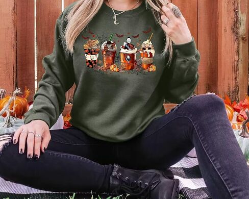 VKEGNIO Halloween Sweatshirt Women Horror Movie Pumpkin Coffee Graphic Sweatshirts Halloween Shirts Fall Crewneck Sweatshirt in Saudi Arabia