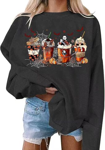 VKEGNIO Halloween Sweatshirt Women Horror Movie Pumpkin Coffee Graphic Sweatshirts Halloween Shirts Fall Crewneck Sweatshirt in Saudi Arabia