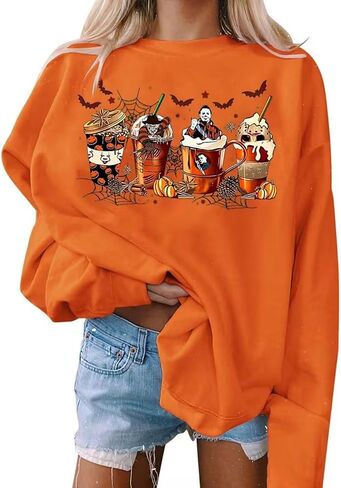 VKEGNIO Halloween Sweatshirt Women Horror Movie Pumpkin Coffee Graphic Sweatshirts Halloween Shirts Fall Crewneck Sweatshirt in Saudi Arabia