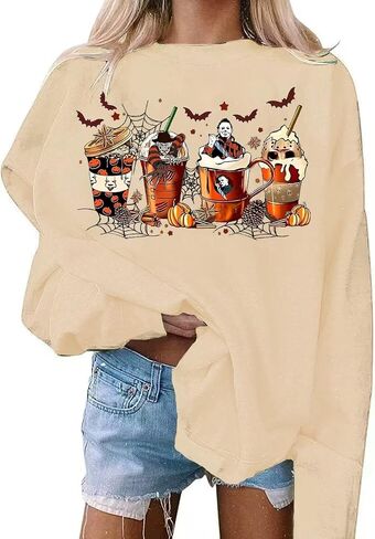 VKEGNIO Halloween Sweatshirt Women Horror Movie Pumpkin Coffee Graphic Sweatshirts Halloween Shirts Fall Crewneck Sweatshirt in Saudi Arabia