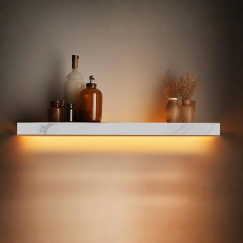 Floating Shelf, Display Stand, White Marble Texture, LED Beige Light with Sensor, Built-in Battery Powered, Suitable for Living Room, Bedroom, Office, Kitchen, Bathroom, (21.6 inch Set of 2) in Saudi Arabia