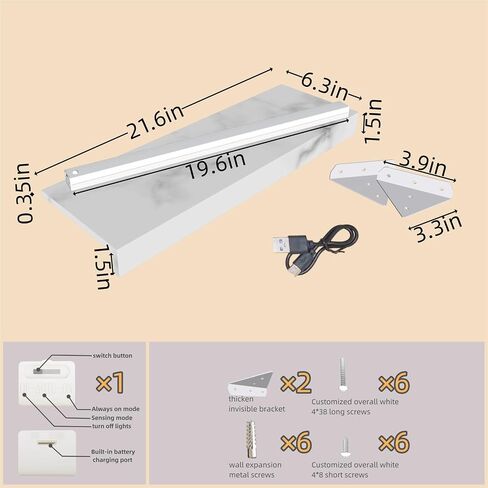 Floating Shelf, Display Stand, White Marble Texture, LED Beige Light with Sensor, Built-in Battery Powered, Suitable for Living Room, Bedroom, Office, Kitchen, Bathroom, (21.6 inch Set of 2) in Saudi Arabia