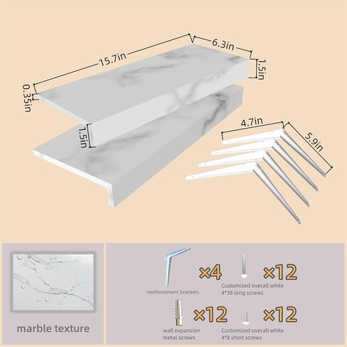 Floating Shelf, Display Stand, White Marble Texture, LED Beige Light with Sensor, Built-in Battery Powered, Suitable for Living Room, Bedroom, Office, Kitchen, Bathroom, (21.6 inch Set of 2) in Saudi Arabia