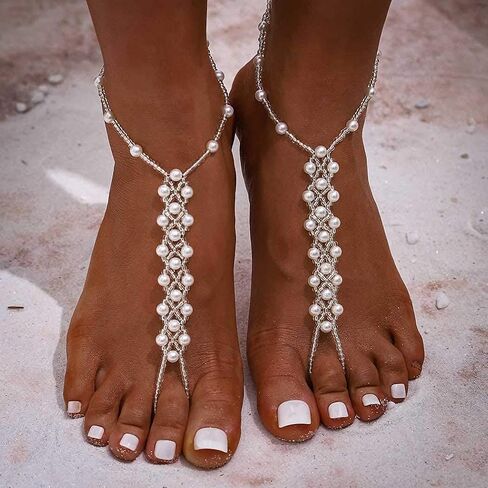 Pearl Barefoot Sandals Beaded Ankle Bracelets Bead Ankle Toe Ring Foot Chain Beach Feet Jewelry for Women and Girls(2PCS) in Saudi Arabia