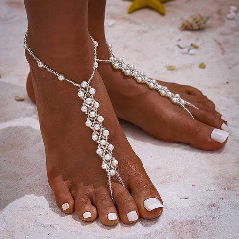 Pearl Barefoot Sandals Beaded Ankle Bracelets Bead Ankle Toe Ring Foot Chain Beach Feet Jewelry for Women and Girls(2PCS) in Saudi Arabia