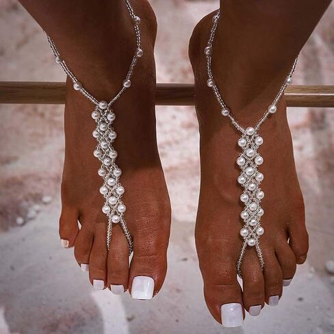 Pearl Barefoot Sandals Beaded Ankle Bracelets Bead Ankle Toe Ring Foot Chain Beach Feet Jewelry for Women and Girls(2PCS) in Saudi Arabia