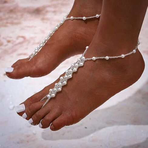 Pearl Barefoot Sandals Beaded Ankle Bracelets Bead Ankle Toe Ring Foot Chain Beach Feet Jewelry for Women and Girls(2PCS) in Saudi Arabia