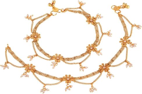 Efulgenz Indian Anklets for Women with LayeChain Antique Gold Tone Boho Gothic Vintage Rhinestone Ankle Bracelet Pair Anklet Set with Faux Pearl Charms Payal Beach Barefoot Feet Jewelry for Women in Saudi Arabia
