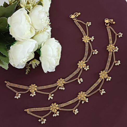 Efulgenz Indian Anklets for Women with LayeChain Antique Gold Tone Boho Gothic Vintage Rhinestone Ankle Bracelet Pair Anklet Set with Faux Pearl Charms Payal Beach Barefoot Feet Jewelry for Women in Saudi Arabia