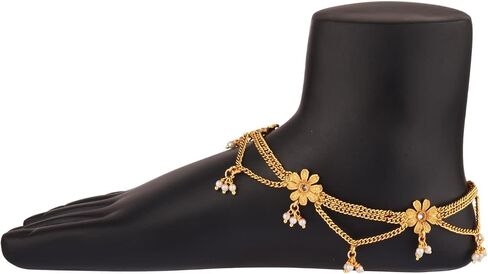 Efulgenz Indian Anklets for Women with LayeChain Antique Gold Tone Boho Gothic Vintage Rhinestone Ankle Bracelet Pair Anklet Set with Faux Pearl Charms Payal Beach Barefoot Feet Jewelry for Women in Saudi Arabia