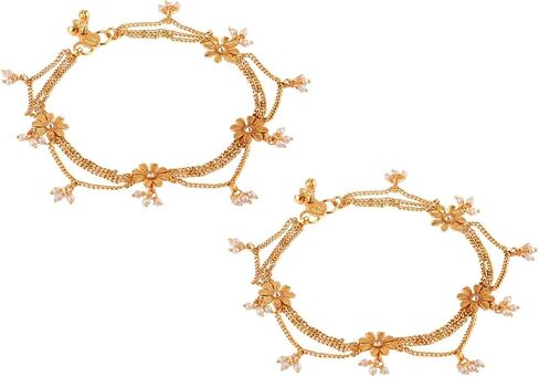 Efulgenz Indian Anklets for Women with LayeChain Antique Gold Tone Boho Gothic Vintage Rhinestone Ankle Bracelet Pair Anklet Set with Faux Pearl Charms Payal Beach Barefoot Feet Jewelry for Women in Saudi Arabia