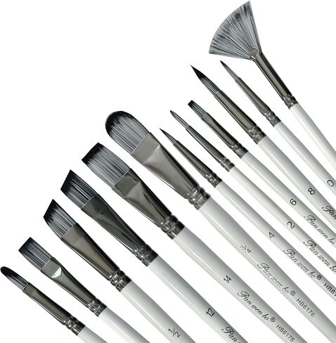 مجموعة 12 قطعة من فرش الطلاء الزيتي، فرشاة طلاء فنية احترافية، مثالية للرسم الزيتي والأكريليك، فرش طلاء زيتية مسطحة، مستديرة، زاويّة، مروحة وبندق، أبيض لؤلؤي. in Kuwait