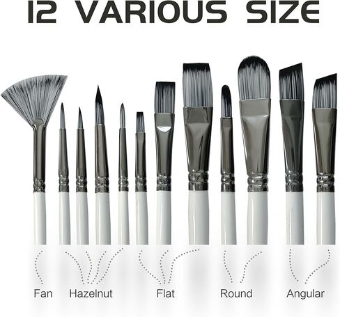 مجموعة 12 قطعة من فرش الطلاء الزيتي، فرشاة طلاء فنية احترافية، مثالية للرسم الزيتي والأكريليك، فرش طلاء زيتية مسطحة، مستديرة، زاويّة، مروحة وبندق، أبيض لؤلؤي. in Kuwait
