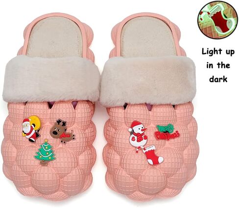 INMINPIN Mens Womens Fuzzy Fur Bubble Slippers Funny Lychee Bubble Slides Winter Comfy Plush Slippers Indoor Outdoor with Christmas Charms in Saudi Arabia