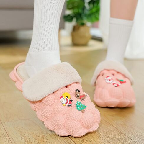 INMINPIN Mens Womens Fuzzy Fur Bubble Slippers Funny Lychee Bubble Slides Winter Comfy Plush Slippers Indoor Outdoor with Christmas Charms in Saudi Arabia