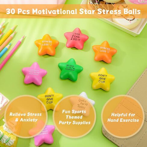 30 Pcs Motivational Star Stress Balls 2.2 Inch Stress Relief Ball with Quotes Colorful Foam Ball Inspirational Hand Exercise Toys for Relieve Anxiety Party Favors School Carnival Reward (Bright Color) in Kuwait