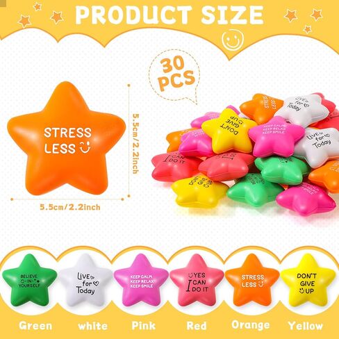30 Pcs Motivational Star Stress Balls 2.2 Inch Stress Relief Ball with Quotes Colorful Foam Ball Inspirational Hand Exercise Toys for Relieve Anxiety Party Favors School Carnival Reward (Bright Color) in Kuwait