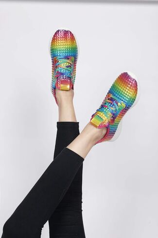 Women Lightweight Metallic Hologram Laced Pyramid Leatherette Studded Jogger Casual Sneaker in Saudi Arabia