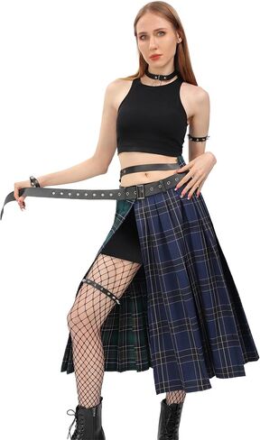 DAZCOS Plaid Slit Thigh Midi Skirt for Women US Size Low Waist Pleated Maxi Skirt with Belt in Saudi Arabia