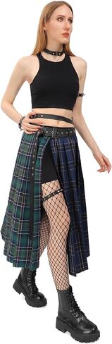 DAZCOS Plaid Slit Thigh Midi Skirt for Women US Size Low Waist Pleated Maxi Skirt with Belt in Saudi Arabia