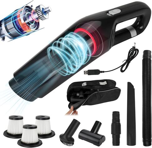 مكنسة كهربائية محمولة بدون أسلاك، مكانس كهربائية محمولة باليد بقوة 10000 باسكال، مكنسة كهربائية صغيرة قابلة لإعادة الشحن مع 3 مرشحات هيبا، مكنسة كهربائية صغيرة للسيارة وشعر الحيوانات الأليفة والسجاد والمنزل (أسود) in Kuwait