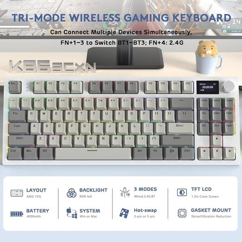 ATTACK SHARK RK86 RGB 75% Wireless Gasket Mechanical Keyboard,Triple Mode Bluetooth5.0/2.4G/USB-C 82 Keys Hot Swappable Gaming Keyboard 4000 mAH Battery w/Knob & 1.2'' HD OLED Display,Linear Switches in Saudi Arabia
