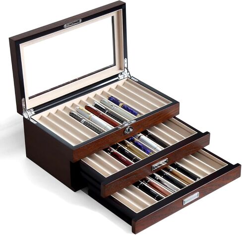 Pen Display Case with 24 Pen Slots, Fountain Pen Display Case, Wood Pen Storage Organizer, Pen Display Box for Men Gift, Pen Case with Glass Window(black ash veneer finish, dark gray velvet) in Saudi Arabia