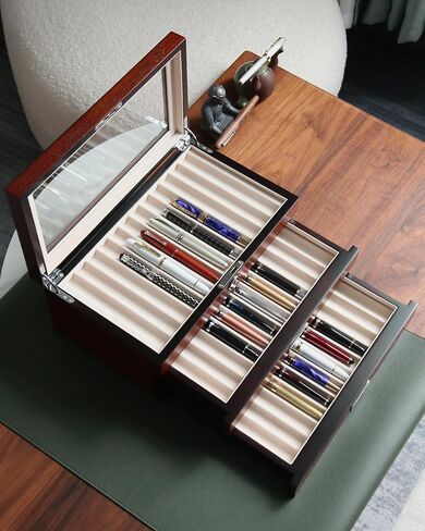 Pen Display Case with 24 Pen Slots, Fountain Pen Display Case, Wood Pen Storage Organizer, Pen Display Box for Men Gift, Pen Case with Glass Window(black ash veneer finish, dark gray velvet) in Saudi Arabia