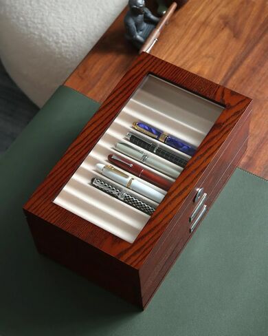 Pen Display Case with 24 Pen Slots, Fountain Pen Display Case, Wood Pen Storage Organizer, Pen Display Box for Men Gift, Pen Case with Glass Window(black ash veneer finish, dark gray velvet) in Saudi Arabia
