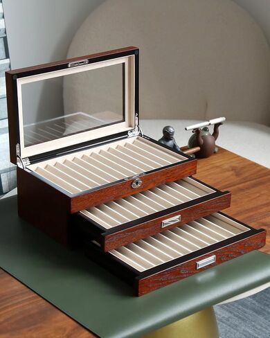 Pen Display Case with 24 Pen Slots, Fountain Pen Display Case, Wood Pen Storage Organizer, Pen Display Box for Men Gift, Pen Case with Glass Window(black ash veneer finish, dark gray velvet) in Saudi Arabia
