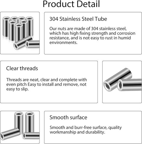 10 PCS M6 Round Rod Coupling Nuts Threaded Stainless Steel Coupling Nut Round Connector Nuts Assortment Round Nuts Connector Kit for Mechanical Construction Industry DIY Home Projects in Saudi Arabia