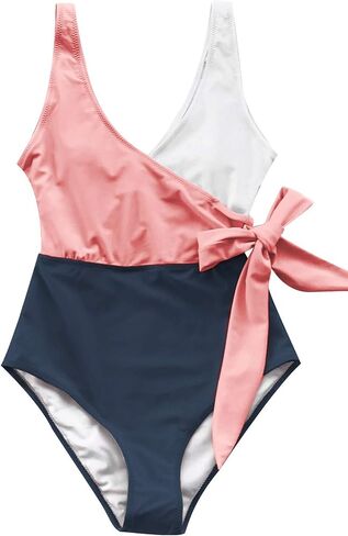 CUPSHE Women's Knotted Color Block One Piece Swimsuit Pink Crochet V Neck Drawstring Cover Up in Saudi Arabia