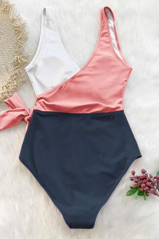 CUPSHE Women's Knotted Color Block One Piece Swimsuit Pink Crochet V Neck Drawstring Cover Up in Saudi Arabia