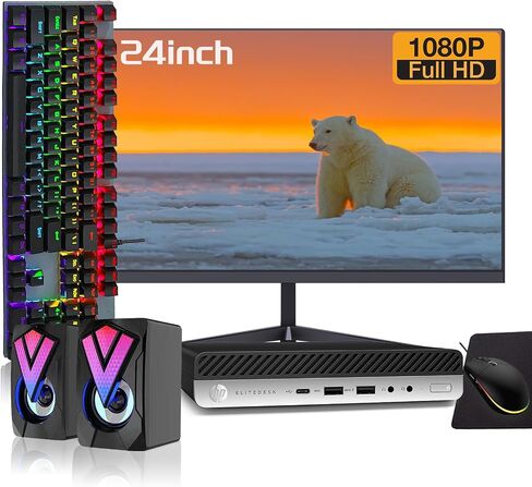 مجموعة كمبيوتر مكتبي صغير HP EliteDesk 705 G4، شاشة FHD مقاس 24 بوصة، AMD Ryzen5 2400G حتى 3.90 جيجاهرتز، ذاكرة الوصول العشوائي 8 جيجابايت، 256 جيجابايت SSD، مكبرات صوت RGB، لوحة مفاتيح RGB، ماوس، واي فاي، BT، Windows 10 Pro (متجدد) in Saudi Arabia