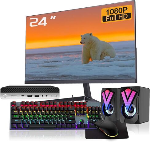 مجموعة كمبيوتر مكتبي صغير HP EliteDesk 705 G4، شاشة FHD مقاس 24 بوصة، AMD Ryzen5 2400G حتى 3.90 جيجاهرتز، ذاكرة الوصول العشوائي 8 جيجابايت، 256 جيجابايت SSD، مكبرات صوت RGB، لوحة مفاتيح RGB، ماوس، واي فاي، BT، Windows 10 Pro (متجدد) in Saudi Arabia