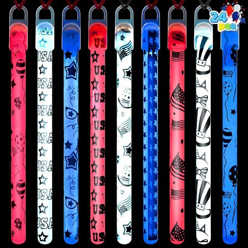 JOYIN July 4 th 24 Pcs Patriotic Glow Sticks with Lanyard, Red White and Blue Glow Stick in Different Pattern Designs, 4th of July Light up Accessories for Independence Day, Memorial Day, Veterans Day in Saudi Arabia