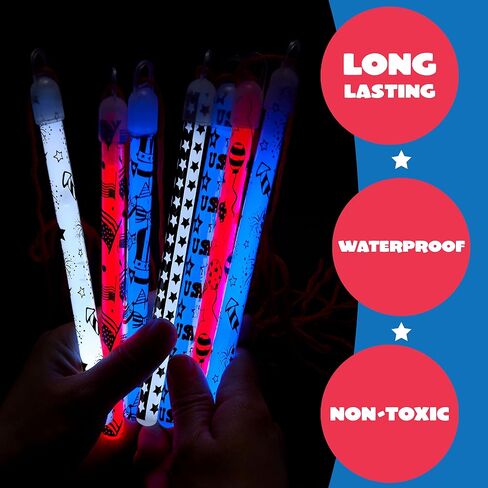 JOYIN July 4 th 24 Pcs Patriotic Glow Sticks with Lanyard, Red White and Blue Glow Stick in Different Pattern Designs, 4th of July Light up Accessories for Independence Day, Memorial Day, Veterans Day in Saudi Arabia