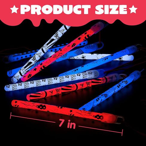 JOYIN July 4 th 24 Pcs Patriotic Glow Sticks with Lanyard, Red White and Blue Glow Stick in Different Pattern Designs, 4th of July Light up Accessories for Independence Day, Memorial Day, Veterans Day in Saudi Arabia
