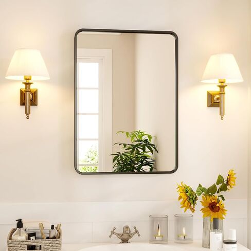 GAOMON 40x28 Black Bathroom Mirror for Over Sink, Metal Framed Round Rectangle Wall Mirror, Wall-Mounted Rectangular Bathroom Vanity Mirror Farmhouse, Hangs Vertically or Horizontally (40x28 inch) in Saudi Arabia