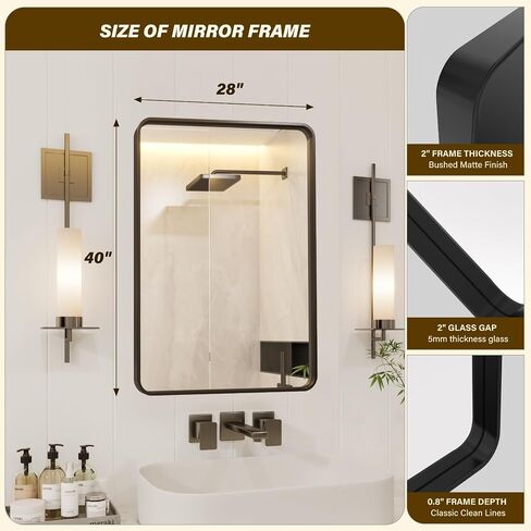 GAOMON 40x28 Black Bathroom Mirror for Over Sink, Metal Framed Round Rectangle Wall Mirror, Wall-Mounted Rectangular Bathroom Vanity Mirror Farmhouse, Hangs Vertically or Horizontally (40x28 inch) in Saudi Arabia