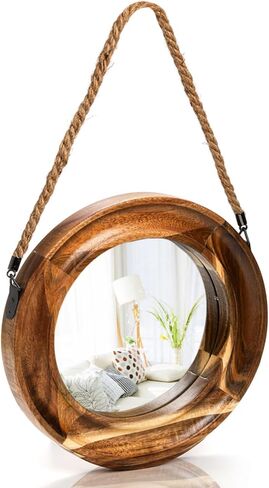 مرآة ديكور حائط ريفية، مرآة خشبية مستديرة صغيرة مقاس 10 بوصة مع حبل معلق، مرايا دائرية مزخرفة لبيت المزرعة لهدايا الانتقال إلى منزل جديد، مدخل غرفة النوم وغرفة المعيشة in Kuwait
