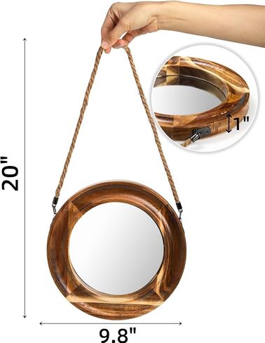 مرآة ديكور حائط ريفية، مرآة خشبية مستديرة صغيرة مقاس 10 بوصة مع حبل معلق، مرايا دائرية مزخرفة لبيت المزرعة لهدايا الانتقال إلى منزل جديد، مدخل غرفة النوم وغرفة المعيشة in Kuwait