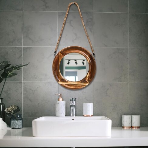 مرآة ديكور حائط ريفية، مرآة خشبية مستديرة صغيرة مقاس 10 بوصة مع حبل معلق، مرايا دائرية مزخرفة لبيت المزرعة لهدايا الانتقال إلى منزل جديد، مدخل غرفة النوم وغرفة المعيشة in Kuwait