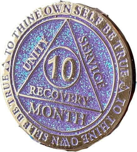 10 Month AA Medallion Reflex Lavender Purple Glitter Gold Plated Sobriety Chip in Saudi Arabia