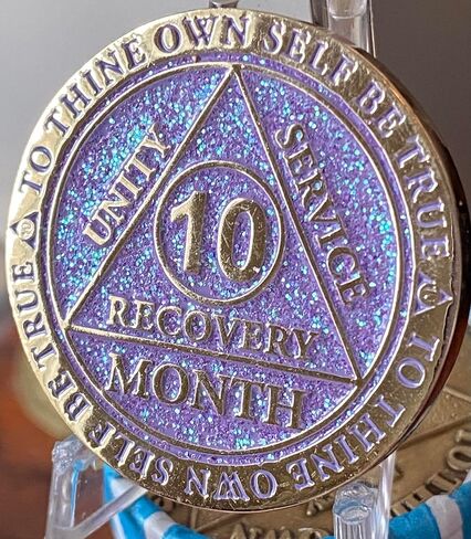 10 Month AA Medallion Reflex Lavender Purple Glitter Gold Plated Sobriety Chip in Saudi Arabia