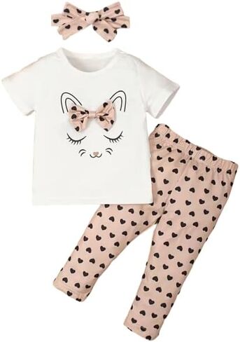 3PCS BABY GIRLS CAT OUTFIT HEADBAND, PANTS AND T-SHIRT PALE PINK, WHITE, BLACK in Saudi Arabia