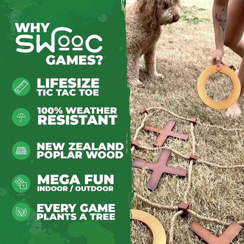 ألعاب SWOOC - لعبة تيك تاك تو الخشبية العملاقة (جميع الأحوال الجوية) | 3 قدم × 3 قدم | لوحة ألعاب كبيرة من الخشب X & O مع حبل | لعبة تيك تاك كبيرة في الهواء الطلق عبر الفناء لجميع أفراد العائلة in Saudi Arabia