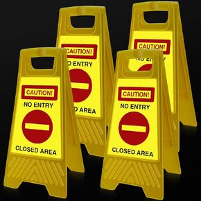 4 Pcs Yellow Reflective No Entry Sign Portable Handle Standing Closed Area Warning Sign Collapsible Two Sided Caution No Entry Sign for Indoor Outdoor Commercial Street Public Areas, 24 Inch